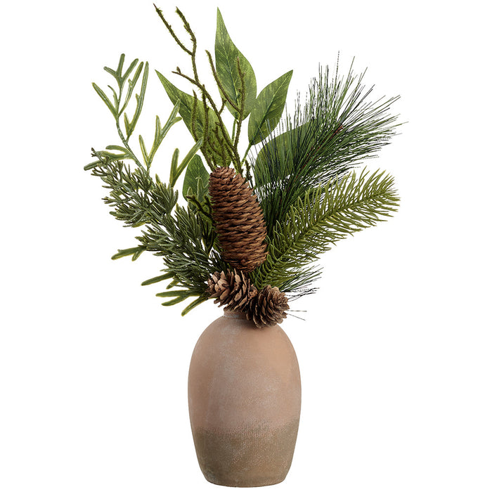 13" Artificial Mixed Pine & Pinecone Arrangement w/Cement Pot -Green/Brown (Pack of 4) - XLF416-GR/BR
