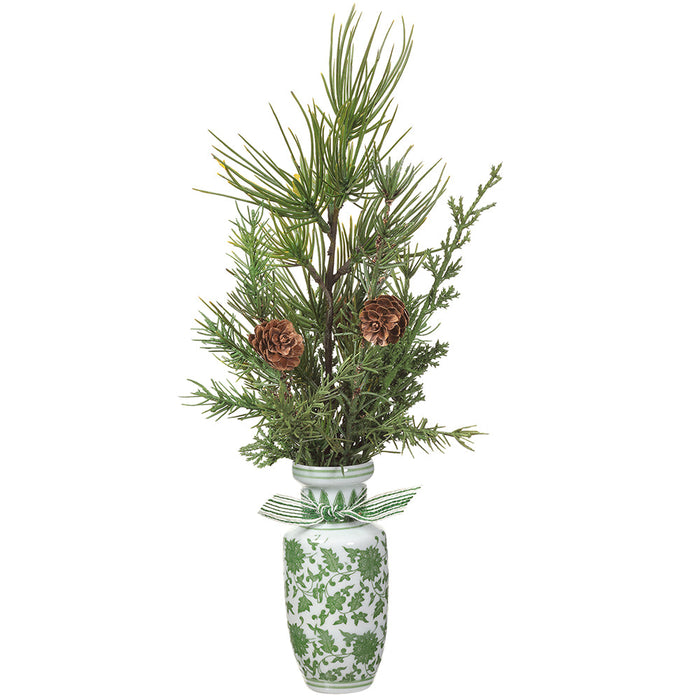 15" Pine & Pinecone Artificial Arrangement w/Ceramic Vase -Green/Brown (Pack of 6) - XLF468-GR/BR