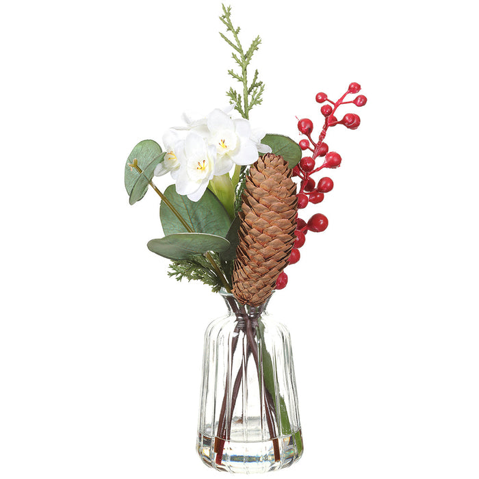 9.5" Paperwhite Flower, Berry & Pinecone Artificial Arrangement w/Glass Vase -White/Red (Pack of 6) - XLF471-WH/RE
