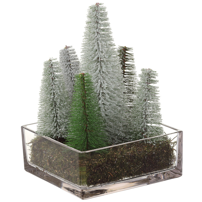12" Flocked Tree Artificial Arrangement w/Glass Vase -Green/White (Pack of 2) - XLF475-GR/WH