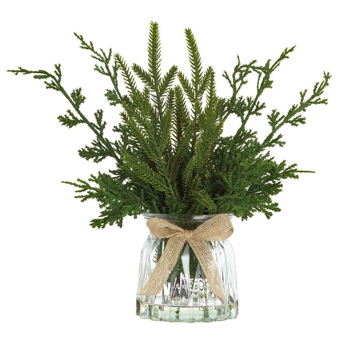 12" Mixed Pine Artificial Arrangement w/Glass Vase -Green (Pack of 6) - XLF481-GR