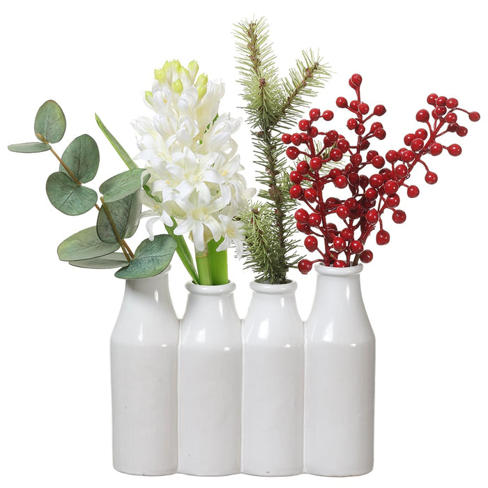 11.5" Artificial Hyacinth Flower, Berry & Pine Flower Arrangement w/Ceramic Vase -Red/White (pack of 4) - XLF573-RE/WH