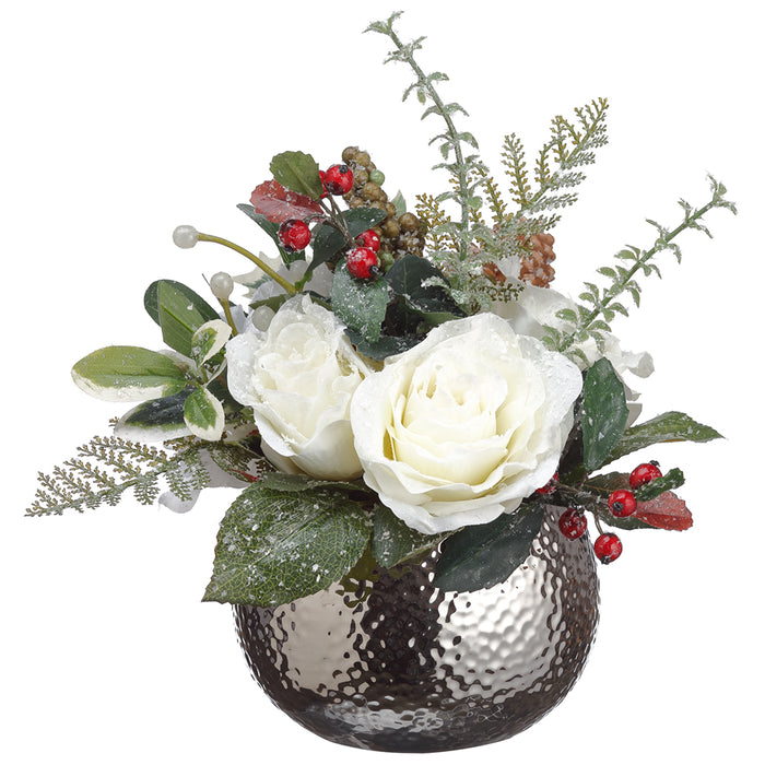 10" Artificial Iced Rose Flower, Hydrangea & Berry Arrangement w/Ceramic Vase -White/Green (pack of 4) - XLF803-WH/GR