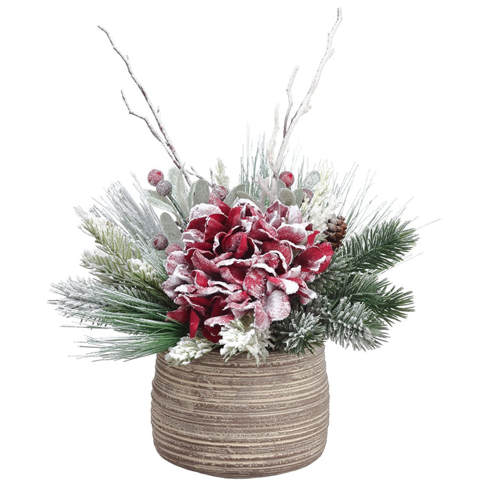 16" Artificial Snowed Hydrangea Flower, Pinecone & Pine Arrangement w/Pot -Burgundy/Green (pack of 2) - XLF811-BU/GR