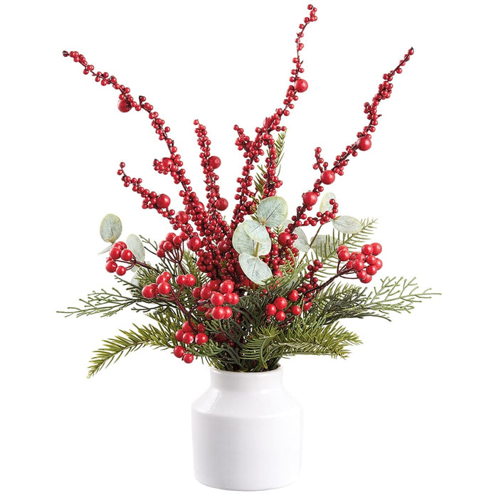 18" Berry, Eucalyptus Leaf & Pine Artificial Arrangement w/Ceramic Vase -Red/Green (Pack of 2) - XLF850-RE/GR
