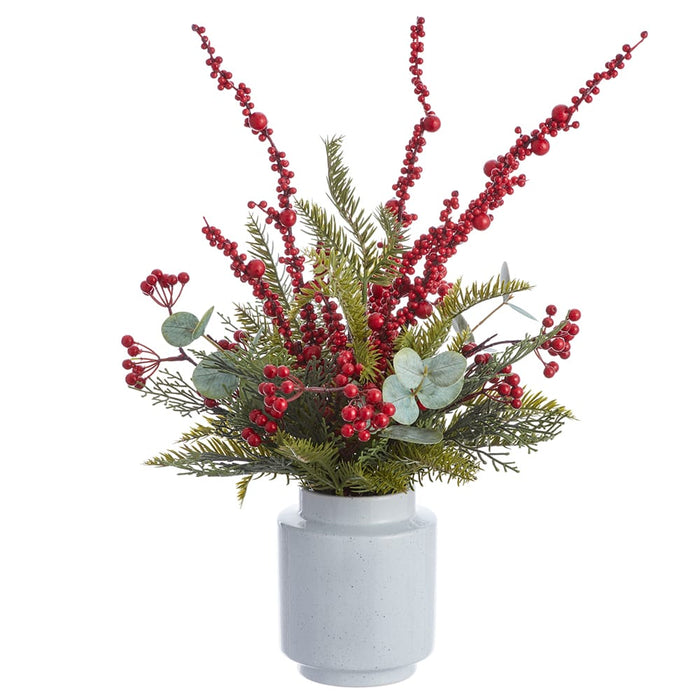 22" Berry, Eucalyptus Leaf & Pine Artificial Arrangement w/Ceramic Vase -Red/Green (Pack of 2)