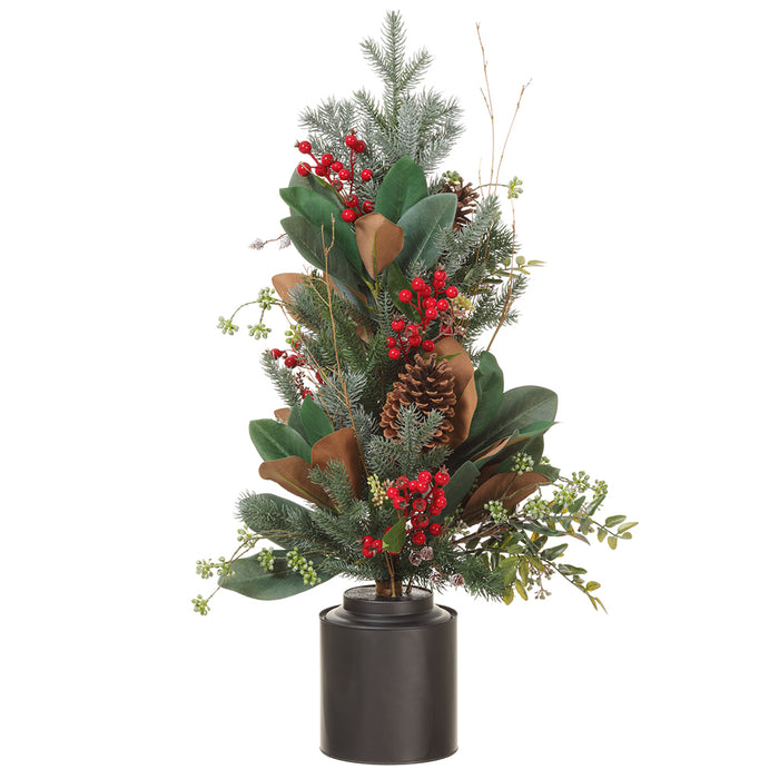 34" Berry, Magnolia Leaf & Pine Cone-Shaped Artificial Topiary w/Tin Planter -Red/Green (Pack of 2) - XLF896-RE/GR