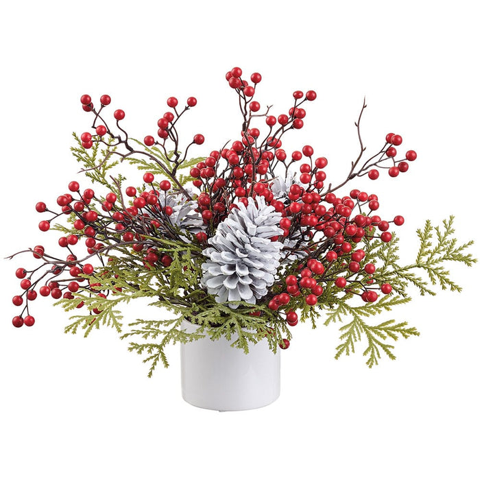 12" Berry, Pinecone & Cedar Artificial Arrangement w/Terra Cotta Pot -Red/White (Pack of 4) - XLF897-RE/WH