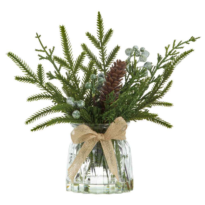11" Pinecone, Berry & Pine Artificial Arrangement w/Glass Vase -Green/Brown (Pack of 6) - XLF916-GR/BR