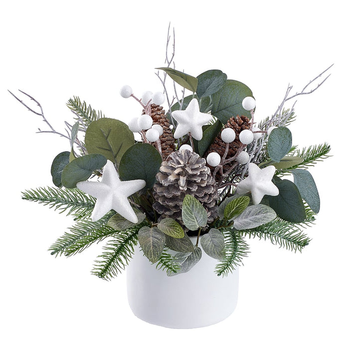 13" Glittered Artificial Pinecone, Star, Berry & Pine Arrangement w/Cement Planter -White/Green (pack of 4) - XLF982-WH/GR