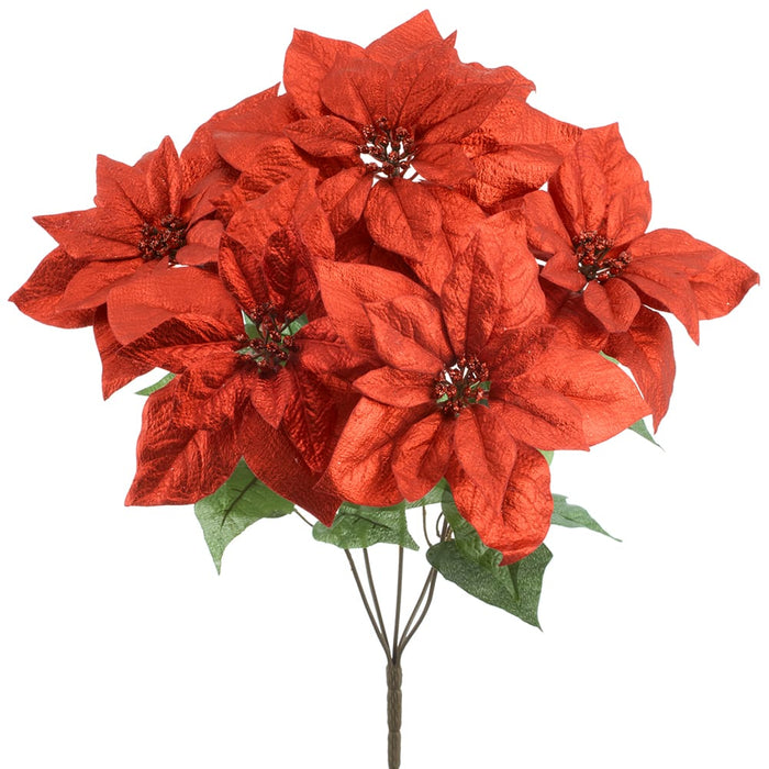 21" Metallic Poinsettia Faux Flower Bush -Red (Pack of 12) - XPB300-RE