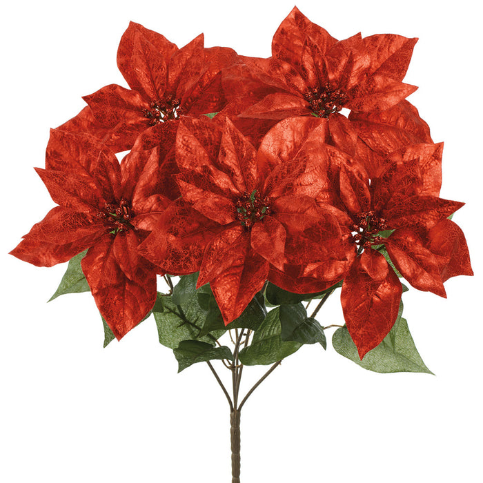 21" Metallic Poinsettia Artificial Flower Bush -Red (Pack of 12) - XPB303-RE