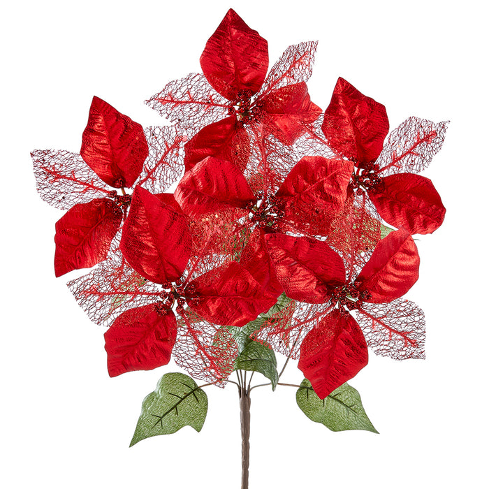 18.5" Metallic Sheer Artificial Poinsettia Flower Bush -Red (pack of 12) - XPB426-RE