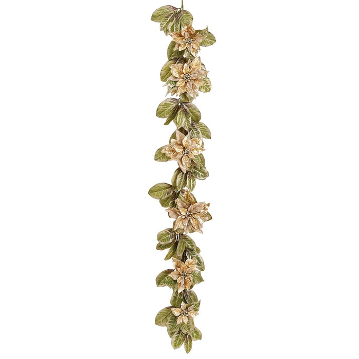 6'5" Metallic Shimmer Poinsettia Flower Artificial Garland -Gold/Green (Pack of 4) - XPG002-GO/GR