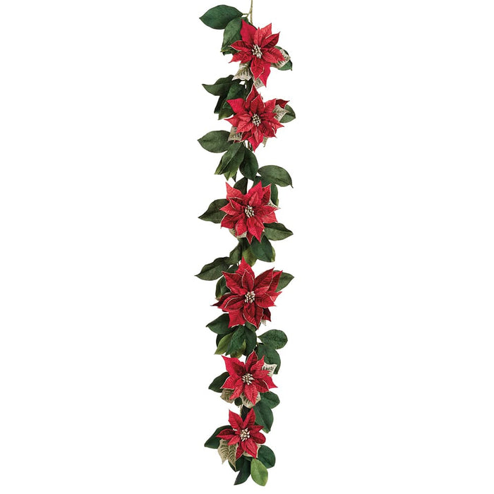 6'5" Velvet Shimmer Poinsettia Flower Artificial Garland -Red (Pack of 4) - XPG003-RE