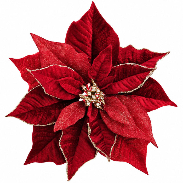 13" Velvet Shimmer Poinsettia Artificial Clip-On Flower -Red (Pack of 12) - XPH002-RE