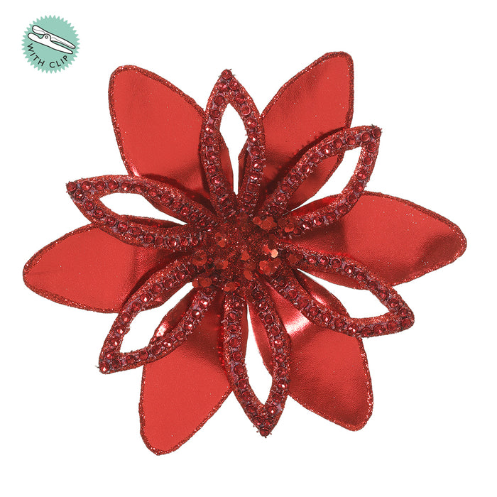 7.5" Glittered Artificial Poinsettia Clip-On Flower -Red (pack of 24) - XPH103-RE