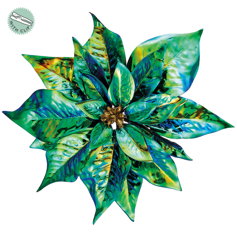 9" Pearl Metallic Artificial Poinsettia Clip-On Flower -Peacock (Pack of 12) - XPH139-PC
