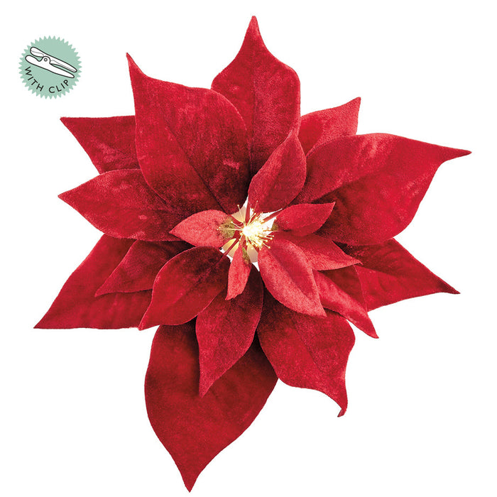 9" Velvet Poinsettia Battery Operated Fiber Optic Light Artificial Clip-On Flower -Red (Pack of 12) - XPH150-RE