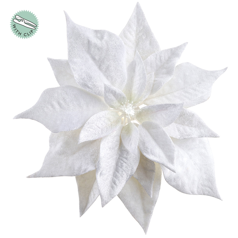 9" Velvet Poinsettia Battery Operated Fiber Optic Light Artificial Clip-On Flower -White (Pack of 12) - XPH150-WH