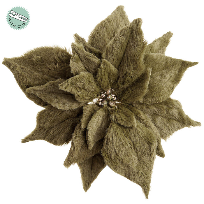 9" Fur Poinsettia Artificial Clip-On Flower -Green (Pack of 12) - XPH151-GR