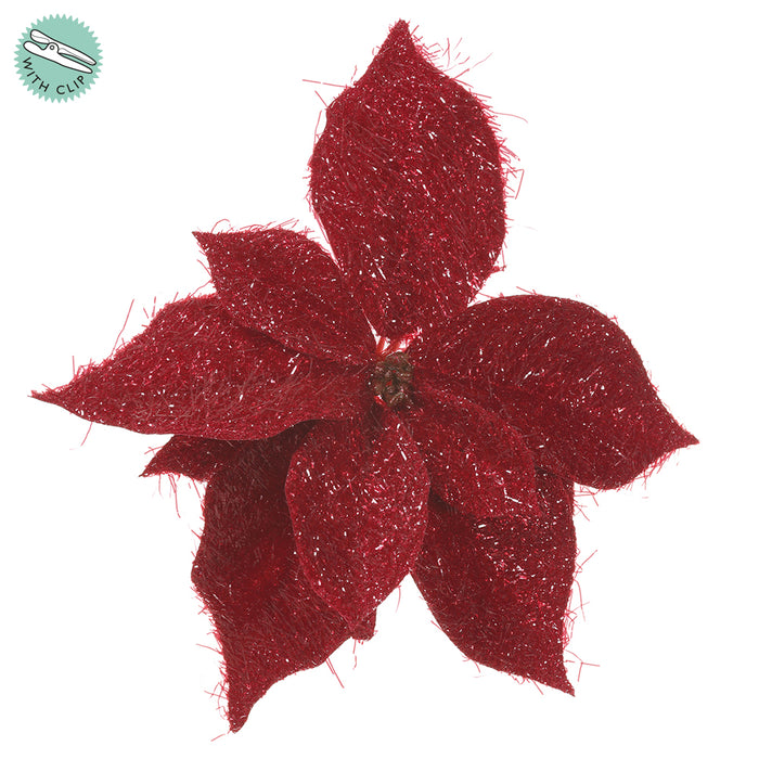 9" Metallic Artificial Holiday Poinsettia Clip-On Flower -Red (pack of 12) - XPH161-RE