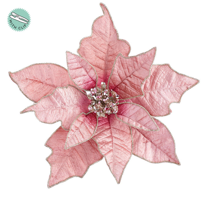 9 Glittered Artificial Poinsettia Clip-On Flower -Pink — Silks Are Forever