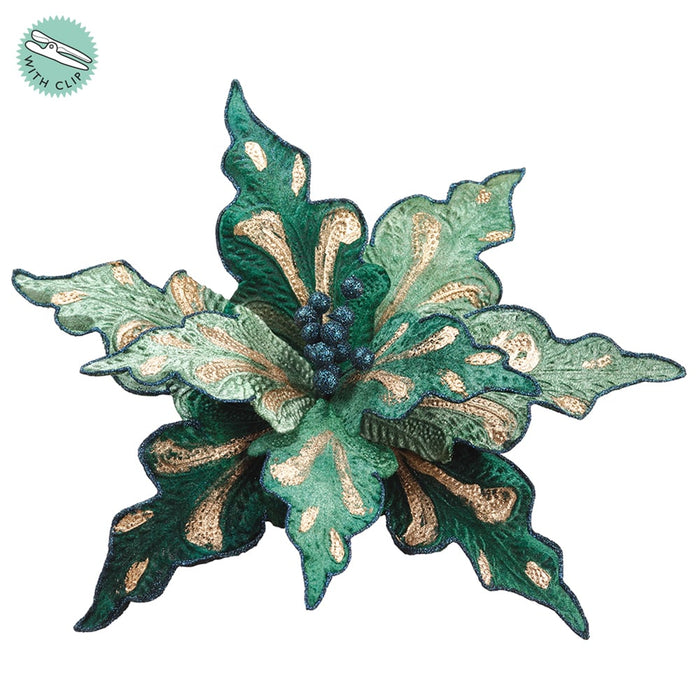 12" Artificial Poinsettia Clip-On Flower -Green/Gold (pack of 12) - XPH262-GR/GO