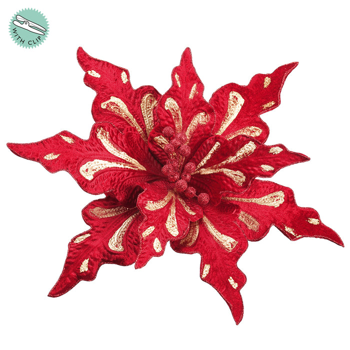 12" Artificial Poinsettia Clip-On Flower -Red/Gold (pack of 12) - XPH262-RE/GO