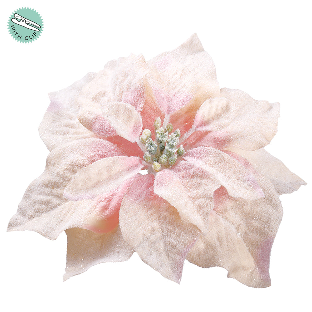 7 Snowed Artificial Poinsettia Clip-On Flower -Peach — Silks Are Forever