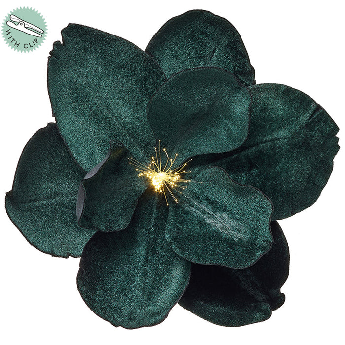 7" Velvet Magnolia Battery Operated Fiber Optic Light Artificial Clip-On Flower -Green (Pack of 12) - XPH710-GR