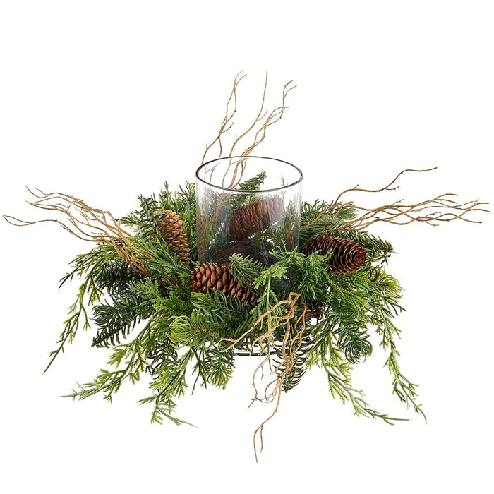 14"Wx6"H Artificial Mixed Pine, Cedar & Pinecone Candle Ring Holder w/Glass -Green/Brown (Pack of 4) - YCC099-GR/BR