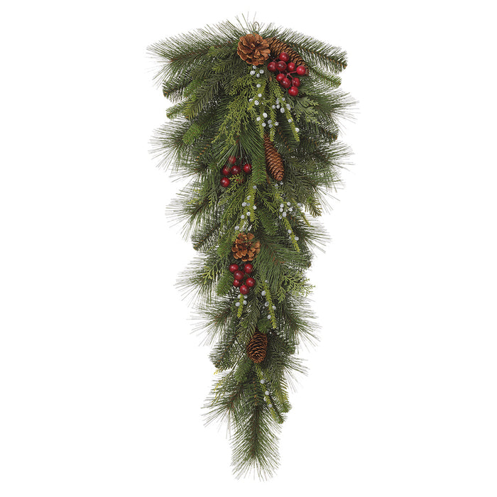 32" Artificial Mixed Pine, Berry & Pinecone Teardrop Swag -Green/Red (Pack of 2) - YDX054-GR/RE