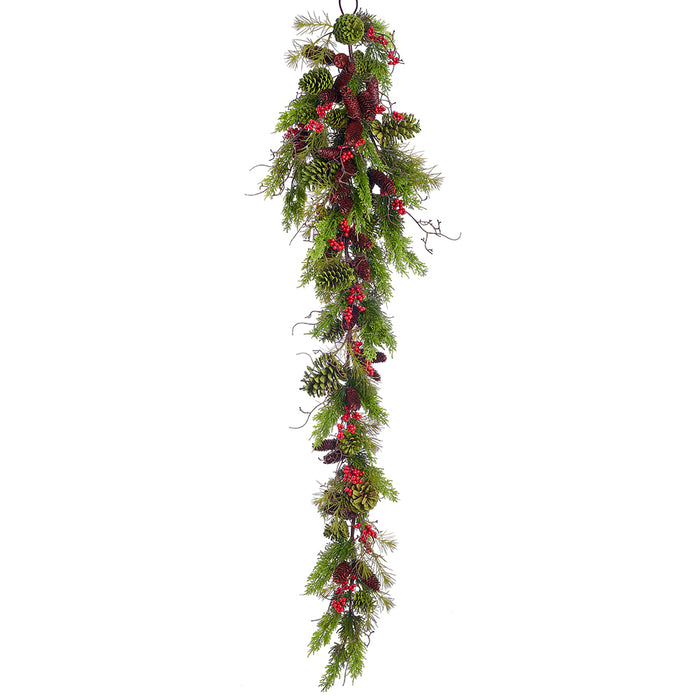 67" Berry, Pinecone & Pine Artificial Teardrop Swag -Green/Red (pack of 2) - YDX366-GR/RE