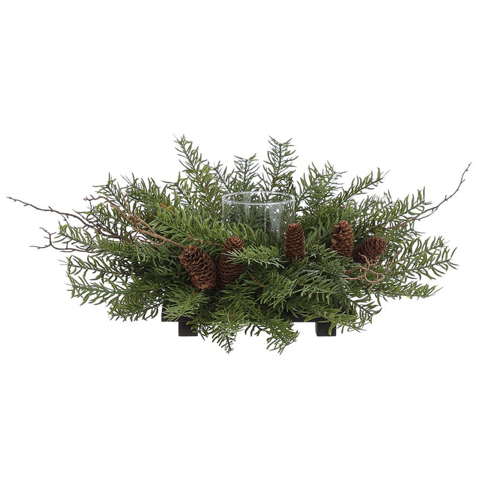 23"Wx8"H Artificial Pine & Pinecone Candle Ring Holder w/Glass -Green/Brown (Pack of 2) - YEP158-GR/BR