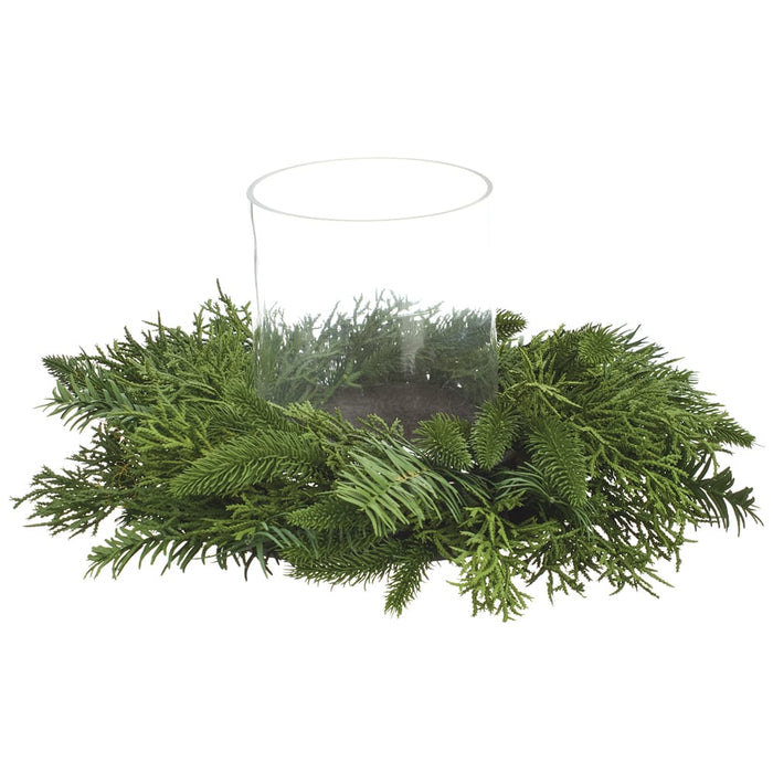 16"Wx8"H Artificial Mixed Pine & Juniper Candle Ring Holder w/Glass -Green - YEX002-GR