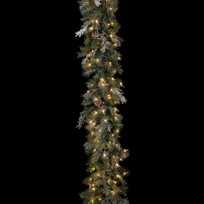 9'Lx12"W Flocked Pine & Pinecone Artificial Garland, LED Pre-Lit (Multi-Mode) -Green (Pack of 2) - YGP409-GR/SN