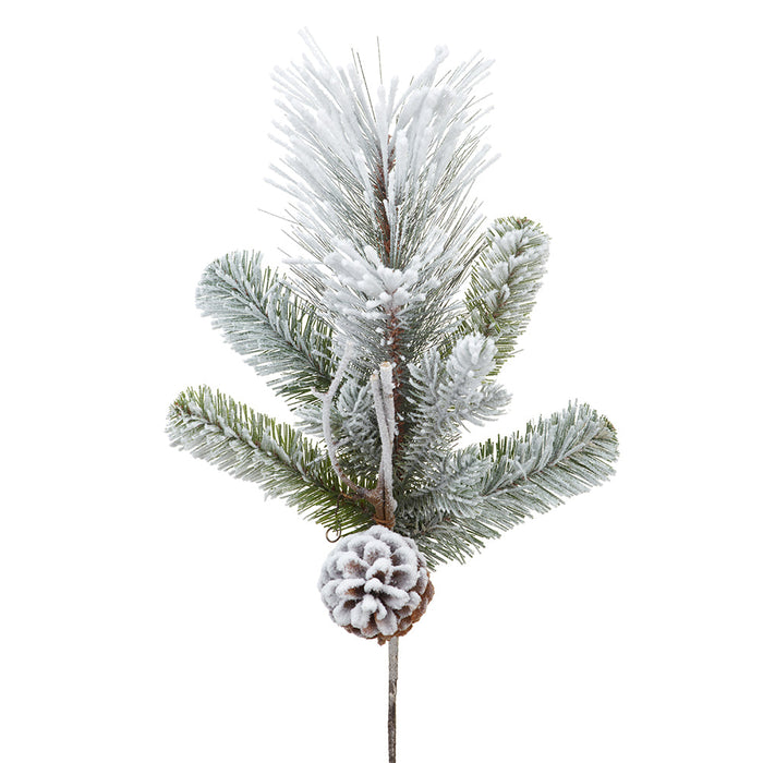 17" Flocked Artificial Mixed Pine & Pinecone Stem -White/Green (Pack of 12) - YS7006-WH/GR