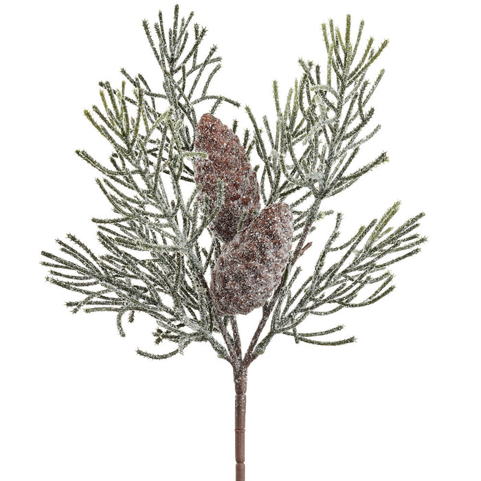 13" Frosted Artificial Pine & Pinecone Stem -Green/Brown (Pack of 12) - YSP034-GR/BR
