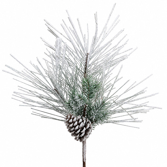 18" Artificial Flocked Mixed Pine w/Pinecone Stem -Green/Snow (Pack of 12) - YSP251-GR/SN