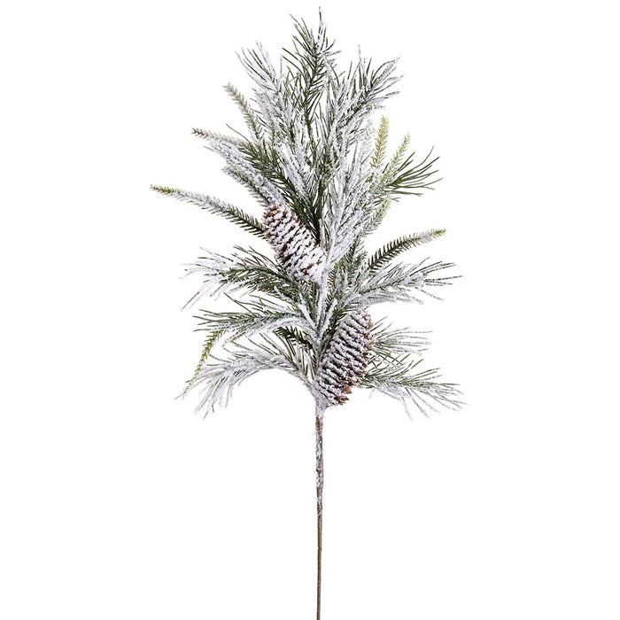 24" PE Soft-Touch Flocked Pine & Pinecone Artificial Stem -Green/White (Pack of 12) - YSP350-GR/WH