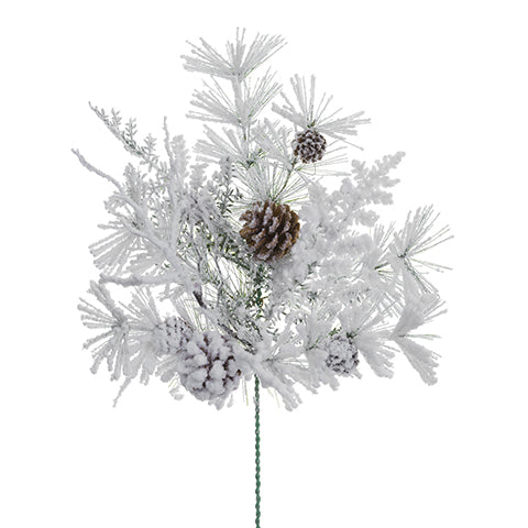 18" Snowed Artificial Pine & Pinecone Stem -White/Green (pack of 12) - YSP705-WH/GR