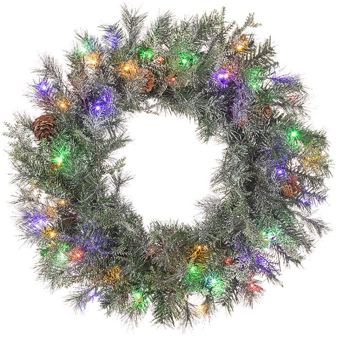 24" Flocked Pine Artificial Wreath, LED Pre-Lit (Multi-Mode) -Green (Pack of 2) - YT1624-GR/SN