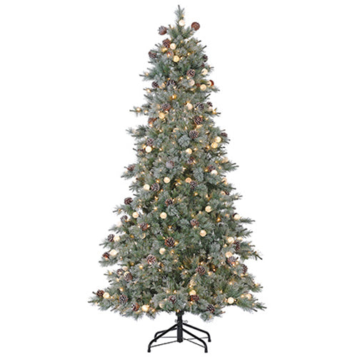7'6"Hx51"W Flocked & Glittered Bottle Brush Pine & Pinecone Lighted Artificial Christmas Tree w/Stand -White - YTB127-WH/FS