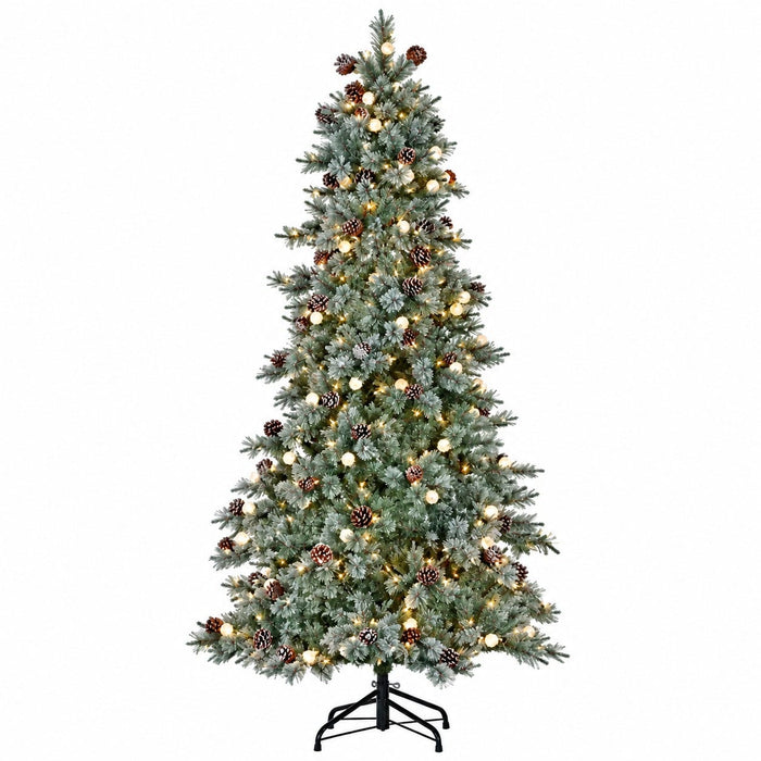9'Hx59"W Flocked & Glittered Bottle Brush Pine & Pinecone Artificial Christmas Tree, Pre-Lit -White - YTB129-WH/FS
