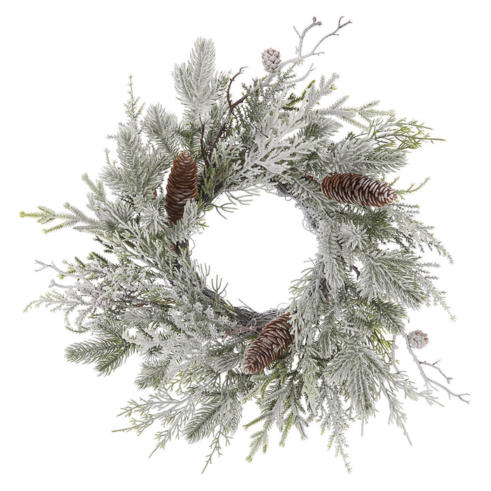 16" Flocked Artificial Pinecone & Pine Wreath -White/Green (Pack of 2) - YW0316-WH/GR