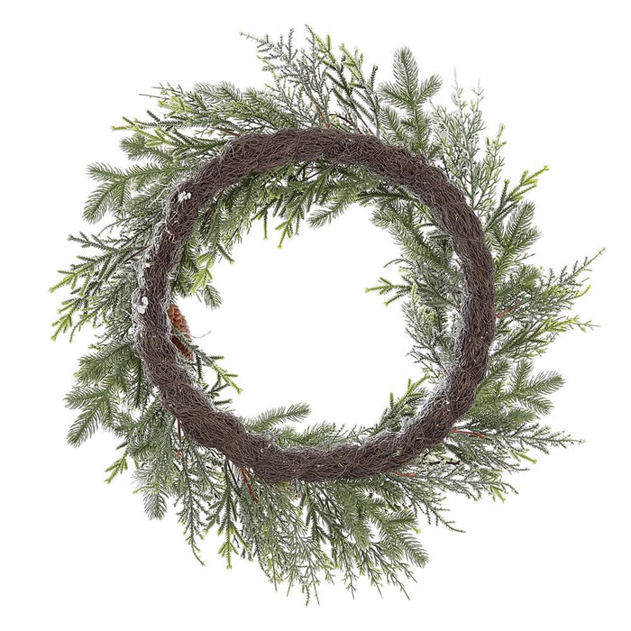 24" Flocked Artificial Pinecone & Pine Wreath -White/Green - YW0317-WH/GR