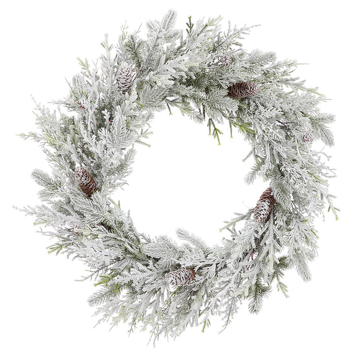 24" Flocked Artificial Pinecone & Pine Wreath -White/Green - YW0317-WH/GR