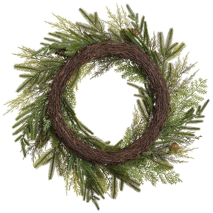 24" Cedar, Pine & Pinecone Artificial Wreath -Green/Brown - YWC007-GR/BR