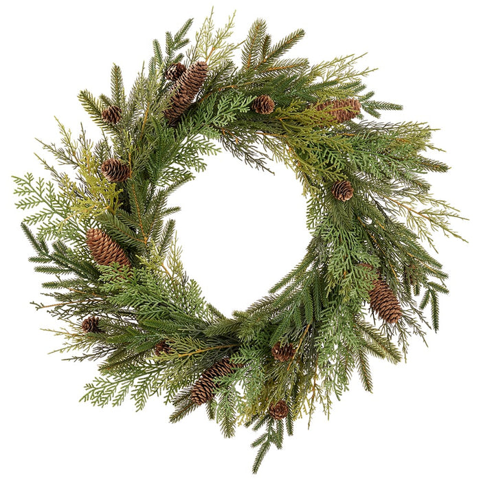 24" Cedar, Pine & Pinecone Artificial Wreath -Green/Brown - YWC007-GR/BR